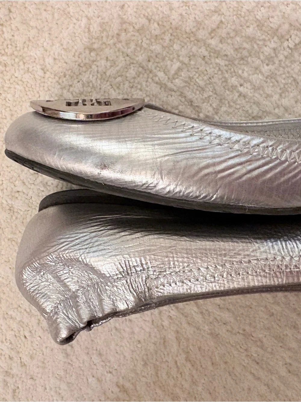 Tory Burch Metallic Silver Logo Ballet Flats
